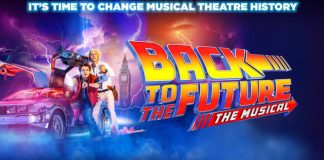 Colorful poster for "Back to the Future: The Musical" featuring iconic characters and a DeLorean.