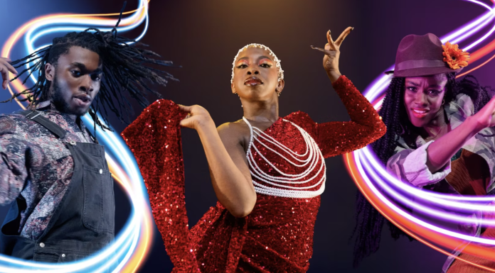 Three images superimposed together. First is someone on a blue background wearing dungarees and with hair spinning out to the side. Next on a purple background, a female performer is in a red sequin dress striking a regal pose. Finally on a pink background someone wearing cord trousers and a hat, posing as if they are mid groove. There are neon streaks of light separating the images.