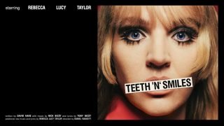 Teeth n smiles 1960's image of a girls face with false eyelashes, blue eyes and blond hair
